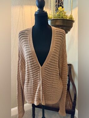 Max Studio Open-Weave Button Front Cardigan - Beige    Oversized.